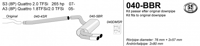 Rostfritt Avgassystem Audi S3. Stainless steel exhaust Audi A3 Quattro 8P.